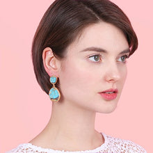 Load image into Gallery viewer, BONALUNA Bohemian Wood And Marble Effect Oval Shaped Drop Statement Earrings (TURQUOISE)