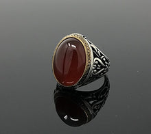 Load image into Gallery viewer, KAR 925K Stamped Sterling Silver Filigree Red Agate (Aqeeq) Men's Ring I1J (10.5)