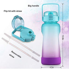 Load image into Gallery viewer, BOTTLE BOTTLE Half Gallon/64 oz Water Bottle with Straw Big Handle Protective Silicone Boot Sports Water Bottle with Time Marker Leak Proof Reusable Water Jug for Adult and Kids (blue purple)