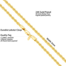 Load image into Gallery viewer, Lifetime Jewelry 5mm Rope Chain Necklace 24k Real Gold Plated for Men Women Teen (Gold, 18)