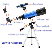 Load image into Gallery viewer, MaxUSee 70mm Refractor Telescope with Tripod & Finder Scope, Portable Telescope for Kids & Astronomy Beginners, Travel Scope with 4 Magnification eyepieces & Phone Adapter