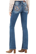 Load image into Gallery viewer, Miss Me Women's Sassy Night Mid-Rise Boot Jeans with Embroidered Dreamy Horse in The Moon (28, Dark Blue)