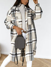 Load image into Gallery viewer, Omoone Women's Classic Woolen Button Down Plaid Long Coat Tartan Shacket Jacket with Pockets(1940-Grey-XXL)