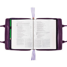 Load image into Gallery viewer, Blessed Purse Style Bible Cover for Women Black Faux Leather, Purple Floral Medium