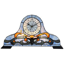 Load image into Gallery viewer, Bieye L10661 Baroque Desk Clock 23 inch Tiffany Style Stained Glass Accent Table Lamp, Night Light with Quartz Watch Inside (Blue)