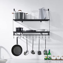 Load image into Gallery viewer, KES 30-Inch Kitchen Pot Rack - Mounted Hanging Rack for Kitchen Storage and Organization- Matte Black 2-Tier Wall Shelf for Pots and Pans with 12 Hooks - KUR215S75B-BK