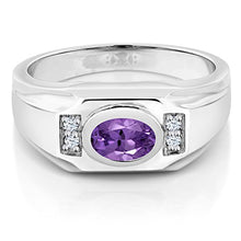 Load image into Gallery viewer, Gem Stone King Sterling Silver Oval Purple Amethyst & White Created Sapphire Men's Ring 1.26 cttw (Size 7)