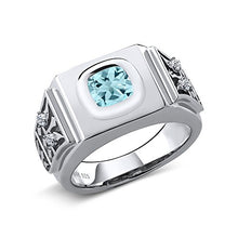 Load image into Gallery viewer, Gem Stone King Men's 925 Sterling Silver Sky Blue Topaz and White Topaz Ring (2.78 Ct Cushion) (Size 8)