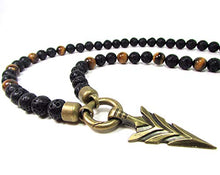 Load image into Gallery viewer, Tiger Eye and Black Lava Stone Necklace,Bronze Arrow-Head,Gift for Men,Men Gemstone Necklace + Gift Box,Mens Beaded Necklace