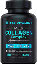 Load image into Gallery viewer, Multi Collagen Pills (Types I,II,III,V,X) 150 Capsules 3300 mg Grass Fed Collagen Peptides Enhanced Absorption for Anti-Aging, Hair Growth & Nails, Healthy Joints & Skin, Hydrolyzed Protein Supplement