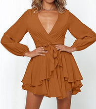 Load image into Gallery viewer, ZESICA Women's Casual V Neck Dress Long Sleeve Wrap Tie Waist Ruffle Hem Cocktail Wedding Party Swing Mini Dresses,Brown,X-Large