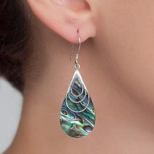 Load image into Gallery viewer, Boho Dangle Teardrop Abalone shell Earrings, Unique Sterling Silver Large paua shell earrings, Ethnic Gypsy Style, Handmade Statement Jewelry