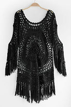 Load image into Gallery viewer, CUPSHE Women's Cover Up Black Crochet Hollow Out Tassel Swimsuit Three Quarter Sleeve, S