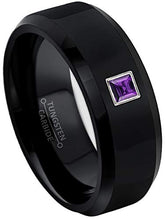 Load image into Gallery viewer, 0.10ctw Solitaire Princess Cut Amethyst Tungsten Ring - 8MM Polished Beveled Edge Black Tungsten Carbide Wedding Band - February Birthstone Ring - s10.5