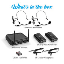 Load image into Gallery viewer, Pyle Dual Channel Wireless Microphone System - VHF Fixed Dual Frequency Wireless Mic Receiver Set with 2 Lavalier, 2 Headset Mics, 2 Transmitter, Receiver - For PA, Karaoke, Dj Party - Pyle PDWM2145