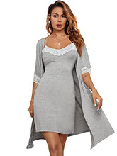 Load image into Gallery viewer, MakeMeChic Women's 2 Piece Lace Trim Nightgowns and Robe Kimono PJ Set Sleepwear Grey M