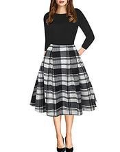 Load image into Gallery viewer, oxiuly Women's Vintage Patchwork Pockets Puffy Swing Casual Party Dress OX165 (Black Khaki, s)