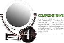 Load image into Gallery viewer, Ovente 7.5" Lighted Wall Mount Makeup Mirror, 1X & 10X Magnifier, Spinning Double Sided Round LED w/ Dimmer Switch, Extend, Retractable & Folding Arm, Battery USB Powered Antique Brass MLW75AB1X10X