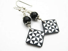 Load image into Gallery viewer, Pinwheel Quilt Block Earrings, Sterling Silver, Black Obsidian Quilters Jewelry, Limited Edition Polymer Clay HST