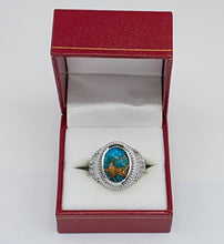 Load image into Gallery viewer, Religious Jewelry by LABLINGZ Sterling Silver Jerusalem Cross Blue Copper Turquoise Statement Ring (10.5)