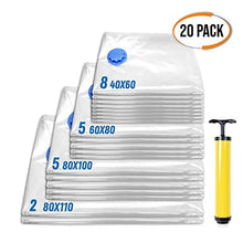 Load image into Gallery viewer, 20 Premium Heavy Duty Reusable Vacuum Seal Storage Bags with Free Pump| Waterproof High Strength Double Zip Seal| Travel Space Savers for Clothes Comforters Towels Beddings Blankets| 80% More Space!