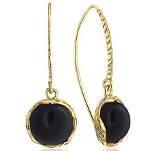 Load image into Gallery viewer, 14k Gold Plated 925 Sterling Silver Natural Onyx Dangle Earrings For Women; Vintage Style Onyx Jewelry for Women; Dangling Dark Black Stone Earrings; Black Gemstone Handmade Jewelry