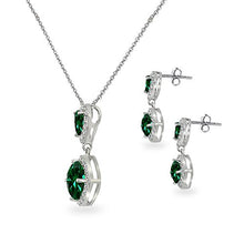 Load image into Gallery viewer, Sterling Silver Simulated Emerald & White Topaz Dangle Earrings & Necklace Set