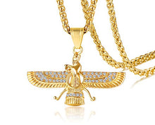 Load image into Gallery viewer, MEALGUET Gold Plated Stainless Steel Iced Out Farvahar Zoroastrian Iran Persian Achaemenian Pendant Necklace, Hip Hop Jewelry
