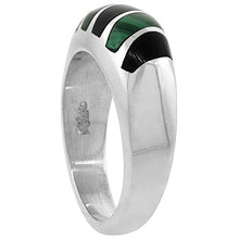 Load image into Gallery viewer, Sterling Silver Black Obsidian & Malachite Ring for Men Oval Vertical Stripes Solid Back Handmade, Size 9