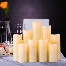 Load image into Gallery viewer, RY King Battery Operated Flameless Candles 4" 5" 6" 7" 8" 9" Set of 9 Real Wax Pillar LED Flickering Candles with Remote Control and Timer