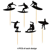 Load image into Gallery viewer, Ercadio 24 Pack Surfing Cupcake Toppers Black Glitter Surfboard Sport Cupcake Picks Surf Theme Baby Shower Kids Birthday Party Cake Decorations Supplies