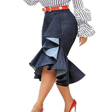 Load image into Gallery viewer, VERWIN Mermaid Plain Falbala Mid-Calf High Waist Women's Skirt XL Blue