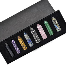 Load image into Gallery viewer, 8 Pcs Healing Crystal Wand Set, 2.2" Hexagonal Faceted Crystal Tower Gemstones Wands Kit, Natural Rose Quartz, Amethyst, Obsidian, Tiger Eye, Lapis Lazuli for Reiki Chakra Heal, Meditation, Yoga