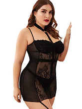 Load image into Gallery viewer, Floerns Women's Plus Size Sexy Lace V Neck Sheer Lingerie Dress with Sockings A Black 4XL