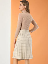 Load image into Gallery viewer, Allegra K Women's Plaid Vintage Faux Wrap Buttons Front Midi High Waist Skirt Medium Beige