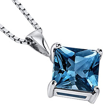 Load image into Gallery viewer, Peora London Blue Topaz Pendant in 14 Karat White Gold, Classic Solitaire, Princess Cut, 8mm, 3 Carats total
