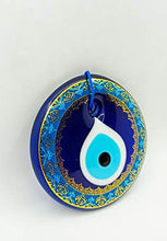 Load image into Gallery viewer, Erbulus Glass Blue Evil Eye Wall Hanging Gold and Turquoise Floral Design Ornament – Turkish Nazar Bead - Home Protection Charm - Wall Art Amulet in a Box