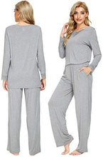 Load image into Gallery viewer, WiWi Bamboo Soft Pajamas Sets for Women Long Sleeve Sleepwear Laced V Neck Top with Pants Plus Size Loungewear S-4X, Heather Grey, Large