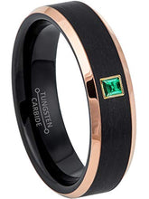 Load image into Gallery viewer, 0.05ctw Solitaire Princess Cut Emerald Tungsten Ring - 6MM Brushed 2-Tone Rose Gold Tungsten Carbide Wedding Band - May Birthstone Ring - s8