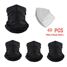 Load image into Gallery viewer, Youmymine 4 Pack Face Bandanas Neck Gaiter Scarf with 40 pcs Filters, Unisex Seamless Rave Scarf Tube Headwear for Fishing Cycling Hiking (Black, 4 pcs)