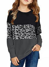 Load image into Gallery viewer, SELINK Girl's Casual Big Kids Long Sleeve Striped Color Block Casual Tees with Pockets Black Leopard XXL