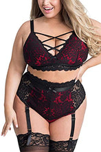 Load image into Gallery viewer, Plus Size Lingerie Set for Women, Sexy Luxe Criss-cross Bra Set Lace Cups Classic Underwear with High Waisted Suspender Thong (BlackRed, 2XL, 828e)