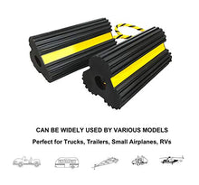 Load image into Gallery viewer, HOXWELL Heavy Duty Rubber Dual Wheel Chocks Front and Back, RV Leveling Blocks Non Slip Base with Nylon Rope Yellow Reflective Tape for Travel Trailers, Car, Camper, Truck 1 Pair