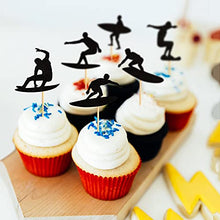 Load image into Gallery viewer, Ercadio 24 Pack Surfing Cupcake Toppers Black Glitter Surfboard Sport Cupcake Picks Surf Theme Baby Shower Kids Birthday Party Cake Decorations Supplies