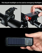 Load image into Gallery viewer, Solar USB Rechargeable Bike Front Lights Set 5 Modes 120db Bicycle Bell Horn 350 Lumens 4 Mode Waterproof Bicycle Headlight, USB Output Charge Your Mobile Phone, Road Cycling Safety Flashlight Lights