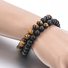 Load image into Gallery viewer, Long Way 2 pcs Black Matte Agate & Tiger Eye Gem Beads 8mm Double Matching Distance Bracelets 7.5" Z & 7.9"
