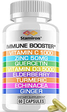 Load image into Gallery viewer, Immune Support with Quercetin Zinc 50mg Vitamin C 1000mg Vitamin D 5000 IU and Elderberry Turmeric Ginger for Adults Kids - 8 in 1 Vit D3 Immunity Defense Booster Supplement Vegan Friendly Made in USA