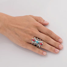 Load image into Gallery viewer, American West Sterling Silver Red Coral and Blue Turquoise Gemstone Twisted Rope & Zigzag Motif Ring Size 07