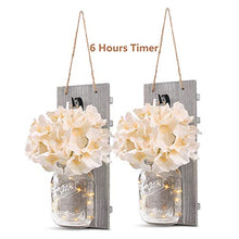 Load image into Gallery viewer, Rustic Wall Sconces - Mason Jars Sconce, Rustic Home Decor,Wrought Iron Hooks, Silk Hydrangea and LED Strip Lights Design 6 Hour Timer Home Decoration (Set of 2)