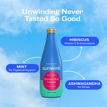 Load image into Gallery viewer, Sunwink Hibiscus Mint Unwind Sparkling Tonic 12-Pack | Organic, non-alcoholic drink with plant-based ingredients for relaxation | (12 oz)